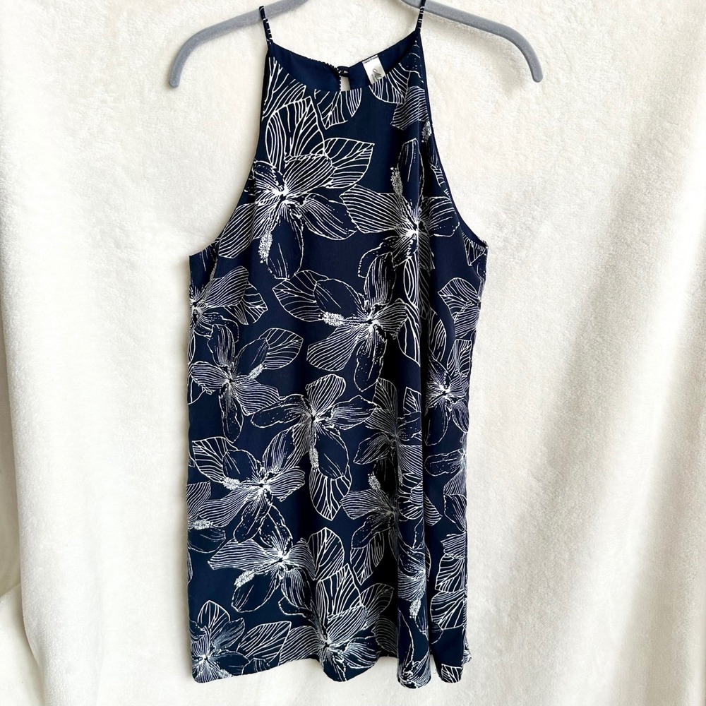 Mahina Navy Floral Halter Swing Mini Dress Boho Resort Womens Medium M